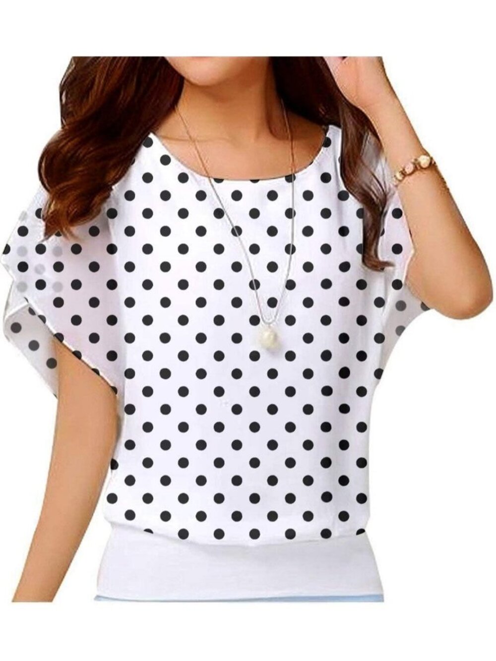 Women's White Dot Elegant Loose Casual Short Sleeve Chiffon Top T Shirt Blouses